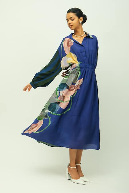 Shop_OFRIDA_Blue Bemberg, Muslin Collared Midnight Psy Hand Painted Print Dress 