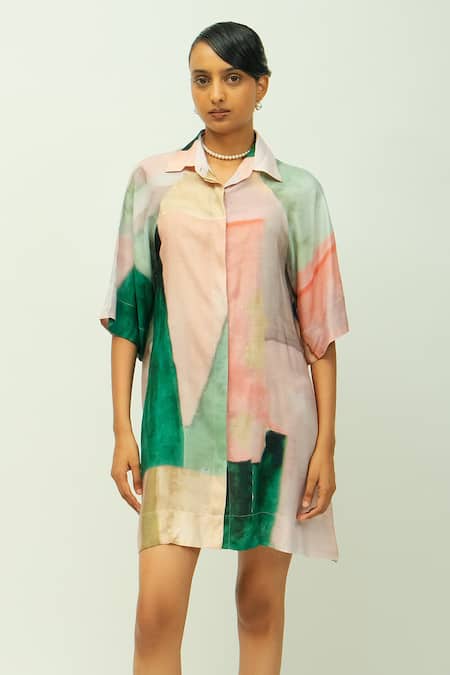 Shop_OFRIDA_Green Bemberg, Muslin Collared Twilight Brushstrokes Pattern Dress _Online_at_Aza_Fashions