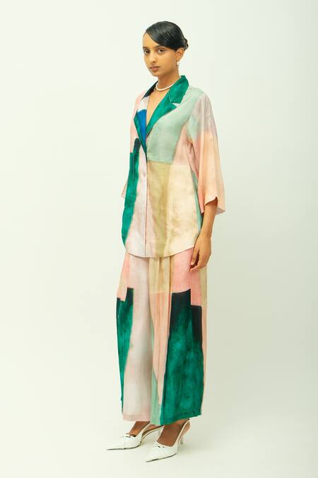 OFRIDA_Green Bemberg, Muslin Collared Twilight Hand Painted Print Jacket _Online_at_Aza_Fashions