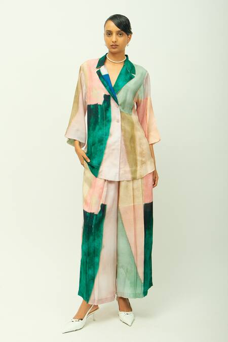 Shop_OFRIDA_Green Bemberg, Muslin Collared Twilight Hand Painted Print Jacket _Online_at_Aza_Fashions