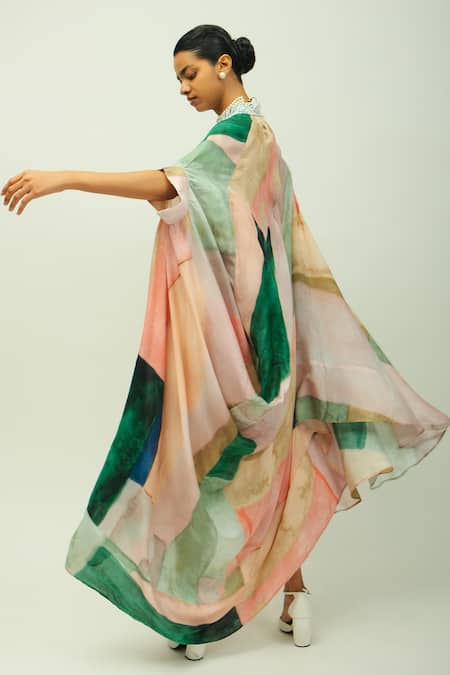 OFRIDA_Green Muslin, Bemberg Beads Collared, V-neck Azara Hand Painted Print Kaftan _at_Aza_Fashions