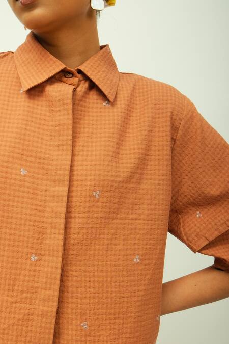 OFRIDA_Brown Beads Collared Mira Checkered Shirt _Online_at_Aza_Fashions