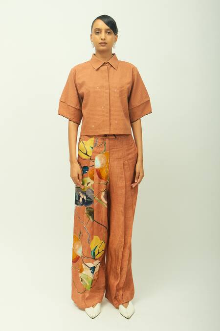 Shop_OFRIDA_Brown Beads Collared Mira Checkered Shirt _Online_at_Aza_Fashions