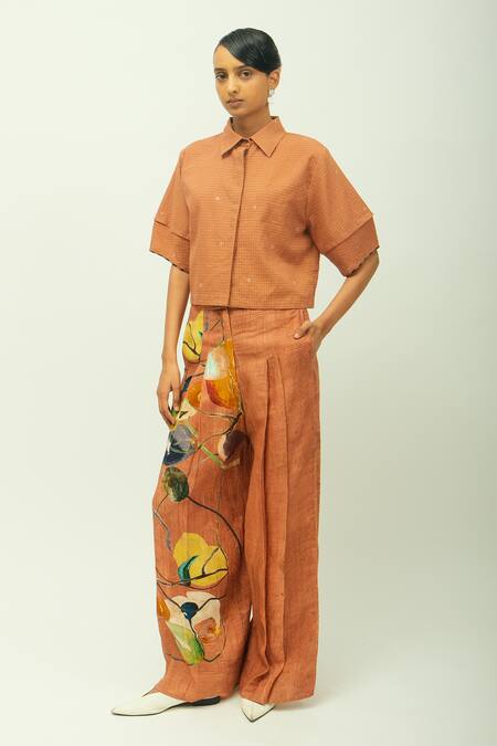 OFRIDA_Brown Beads Collared Mira Checkered Shirt _at_Aza_Fashions