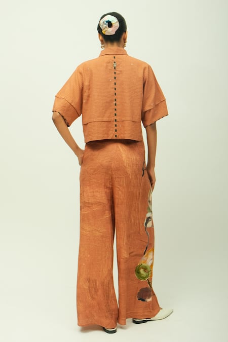 Shop OFRIDA Brown Mira Bloom Hand Painted Print Pant at Aza Fashions Shop_OFRIDA_Brown Mira Bloom Hand Painted Print Pant _at_Aza_Fashions