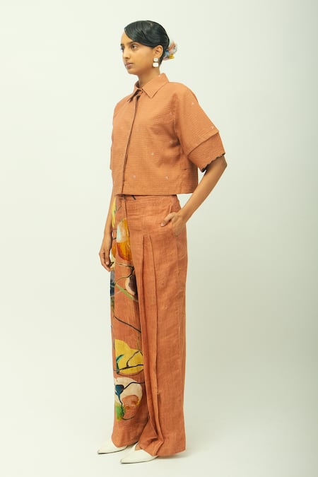 OFRIDA Brown Mira Bloom Hand Painted Print Pant at Aza Fashions OFRIDA_Brown Mira Bloom Hand Painted Print Pant _at_Aza_Fashions