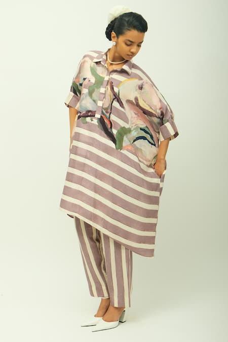 OFRIDA Purple Viscose Melora Striped Pant 