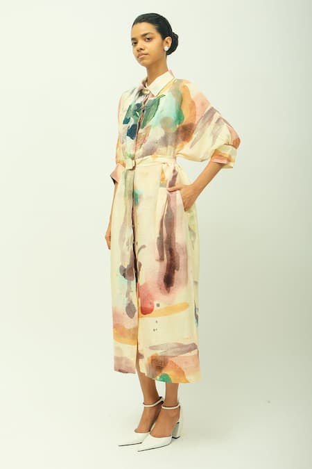 OFRIDA_Ivory Beads Collared Amara Hand Painted Print Dress _Online_at_Aza_Fashions