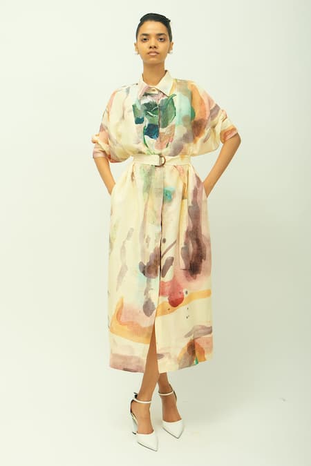 OFRIDA Ivory Beads Collared Amara Hand Painted Print Dress 