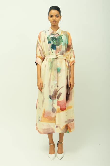 Buy_OFRIDA_Ivory Beads Collared Amara Hand Painted Print Dress _Online_at_Aza_Fashions