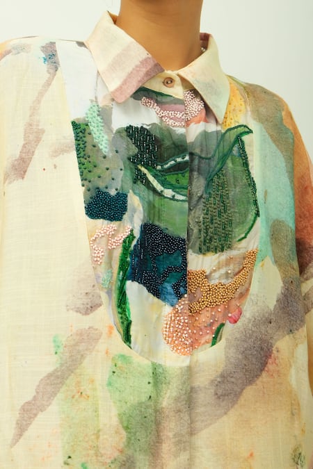 Buy_OFRIDA_Ivory Beads Collared Amara Hand Painted Print Dress 