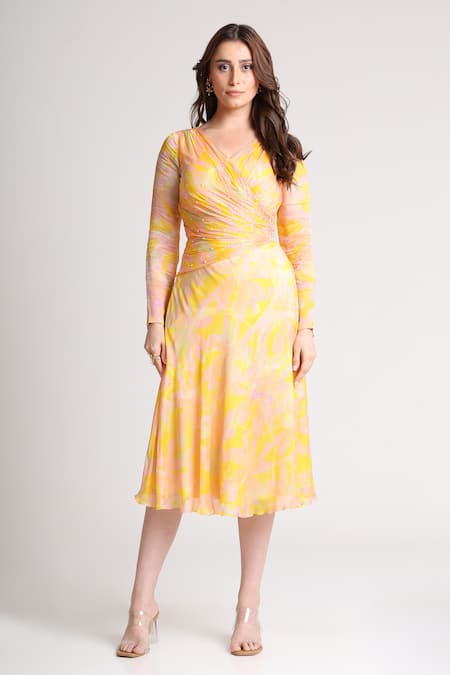 Shop_Koswi_Yellow Viscose Sequins, Beads V-neck Floral Print Dress _Online_at_Aza_Fashions