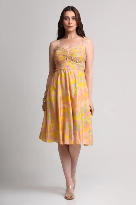 Koswi_Yellow Viscose Sequins, Beads Sweetheart Neck Abstract Print Dress _Online_at_Aza_Fashions