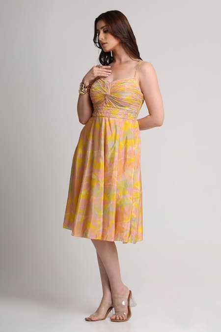 Buy_Koswi_Yellow Viscose Sequins, Beads Sweetheart Neck Abstract Print Dress _Online_at_Aza_Fashions