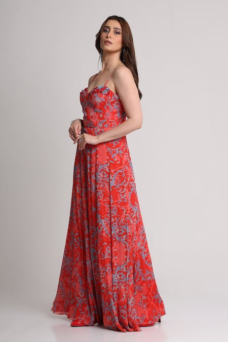 Buy_Koswi_Red Viscose Sequins, Beads Sweetheart Neck Floral Print Maxi Dress _Online_at_Aza_Fashions