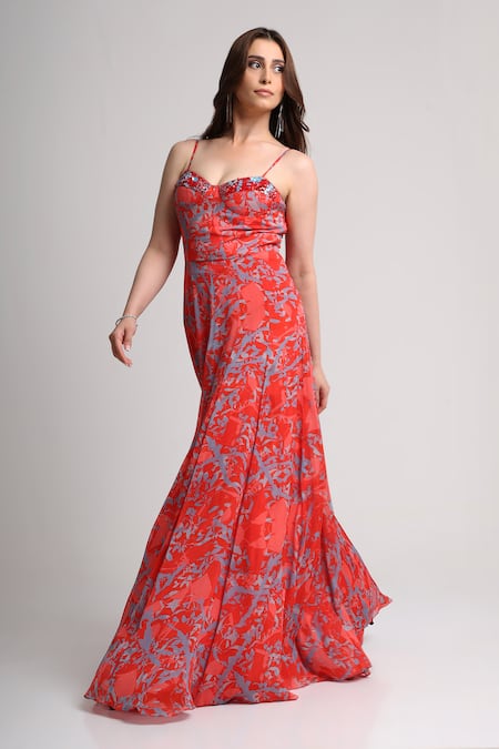 Shop_Koswi_Red Viscose Sequins, Beads Sweetheart Neck Floral Print Maxi Dress _Online_at_Aza_Fashions