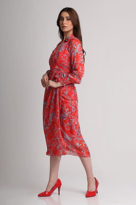 Koswi_Red Viscose Sequins, Beads Collared, V-neck Floral Print Dress _Online_at_Aza_Fashions