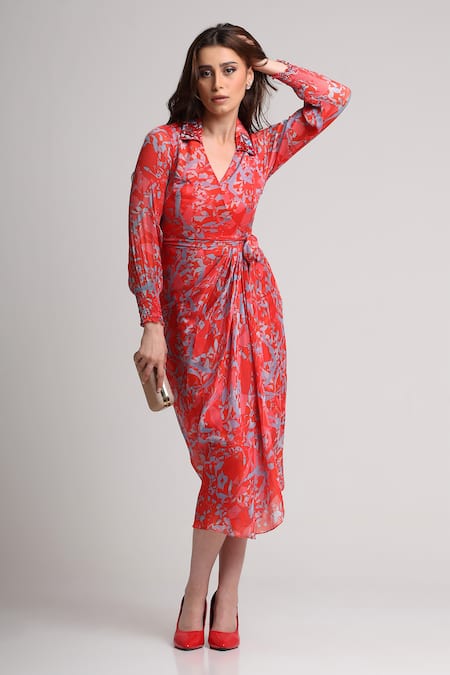 Buy_Koswi_Red Viscose Sequins, Beads Collared, V-neck Floral Print Dress _Online_at_Aza_Fashions