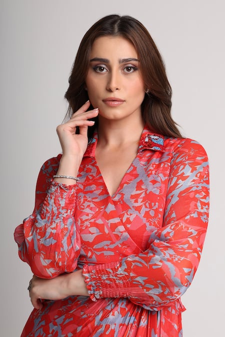 Shop_Koswi_Red Viscose Sequins, Beads Collared, V-neck Floral Print Dress _Online_at_Aza_Fashions