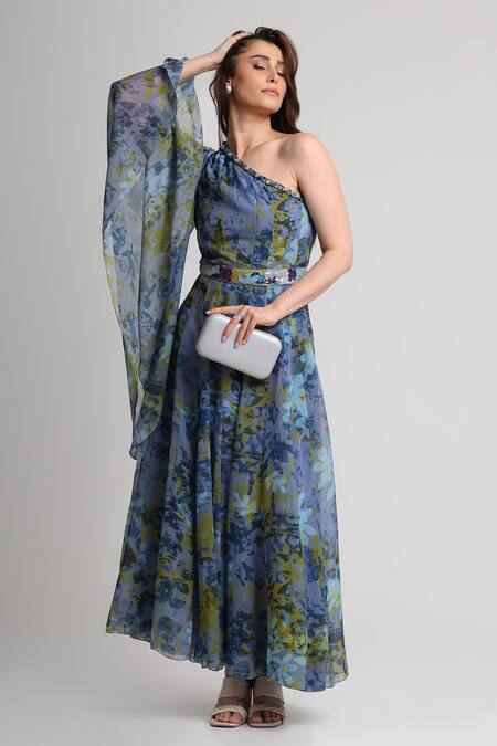 Shop_Koswi_Blue Viscose Sequins, Beads One Shoulder Floral Print Dress _Online_at_Aza_Fashions