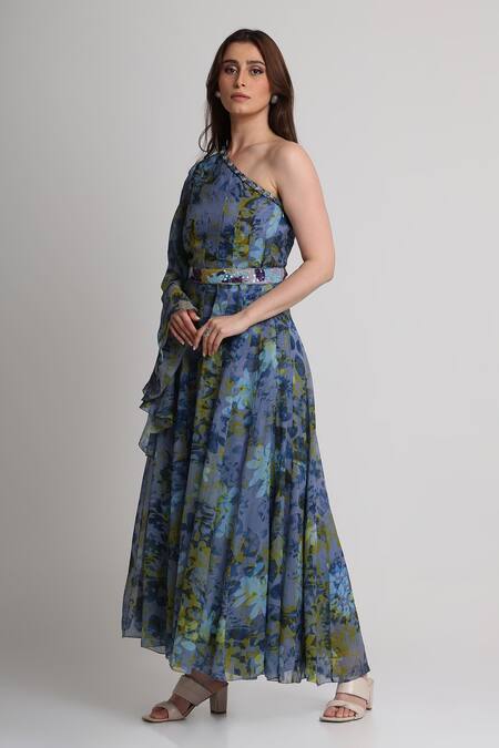 Koswi_Blue Viscose Sequins, Beads One Shoulder Floral Print Dress With Belt _Online_at_Aza_Fashions