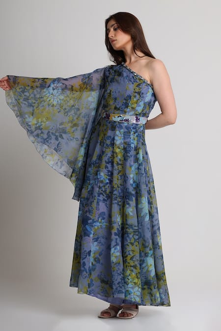 Buy_Koswi_Blue Viscose Sequins, Beads One Shoulder Floral Print Dress With Belt _Online_at_Aza_Fashions