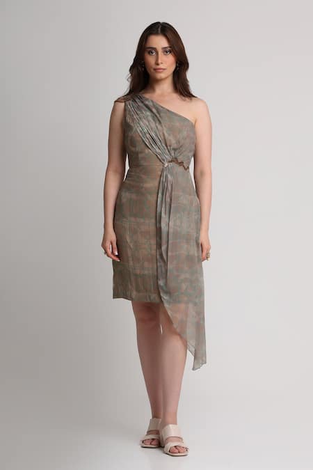 Koswi_Gray Viscose Embroidery One Shoulder Printed Dress _Online_at_Aza_Fashions