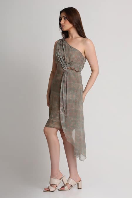 Buy_Koswi_Gray Viscose Embroidery One Shoulder Printed Dress _Online_at_Aza_Fashions