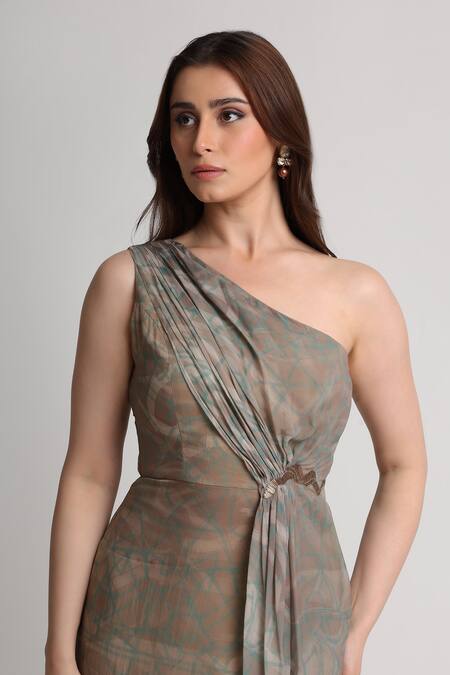 Shop_Koswi_Gray Viscose Embroidery One Shoulder Printed Dress _Online_at_Aza_Fashions