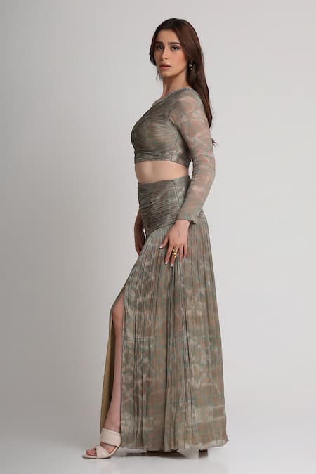 Koswi_Gray Viscose Sequins, Beads One Shoulder Abstract Print Ruched Dress _Online_at_Aza_Fashions
