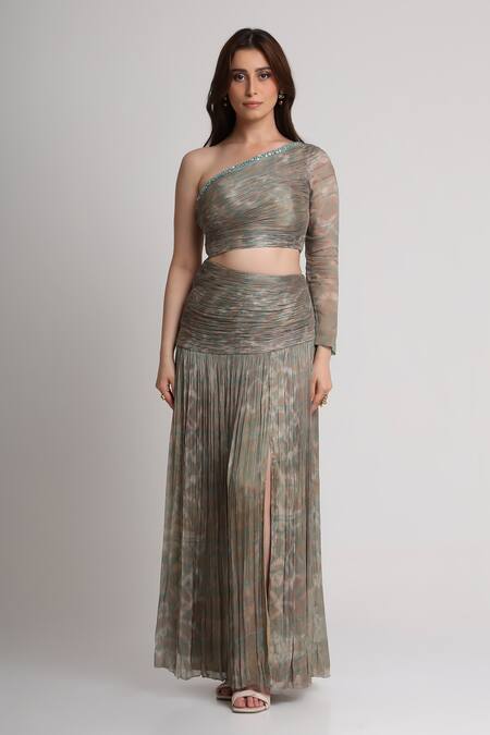 Buy_Koswi_Gray Viscose Sequins, Beads One Shoulder Abstract Print Ruched Dress _Online_at_Aza_Fashions