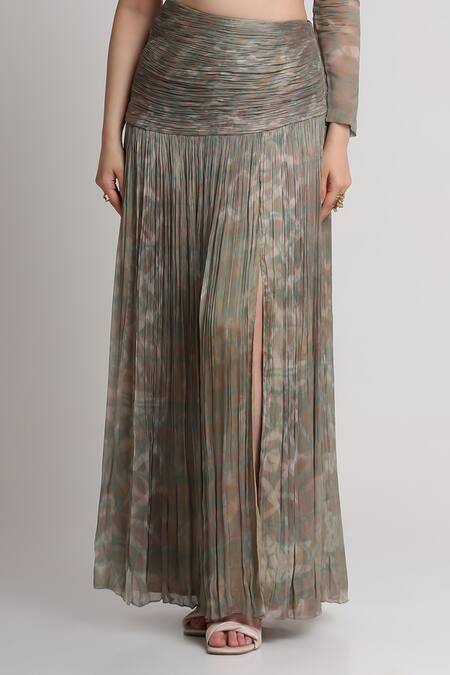Shop_Koswi_Gray Viscose Sequins, Beads One Shoulder Abstract Print Ruched Dress _Online_at_Aza_Fashions