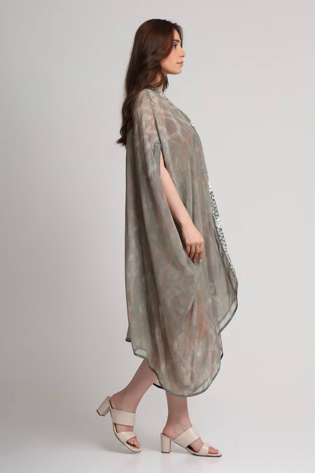 Koswi_Gray Viscose Sequins, Beads V-neck Abstract Print Kaftan Dress _Online_at_Aza_Fashions