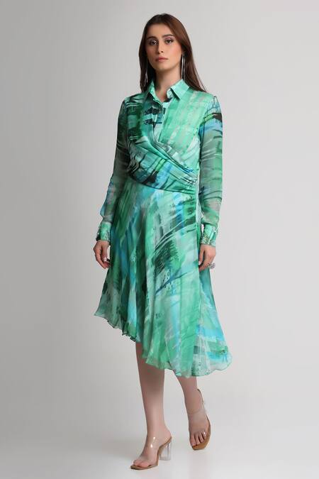 Koswi_Green Viscose Sequins, Beads, Embroidery Collared Geometric Print Shirt Dress _Online_at_Aza_Fashions