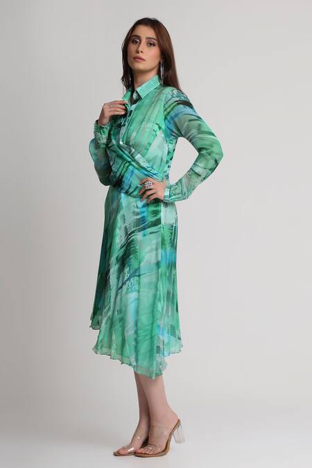 Buy_Koswi_Green Viscose Sequins, Beads, Embroidery Collared Geometric Print Shirt Dress _Online_at_Aza_Fashions