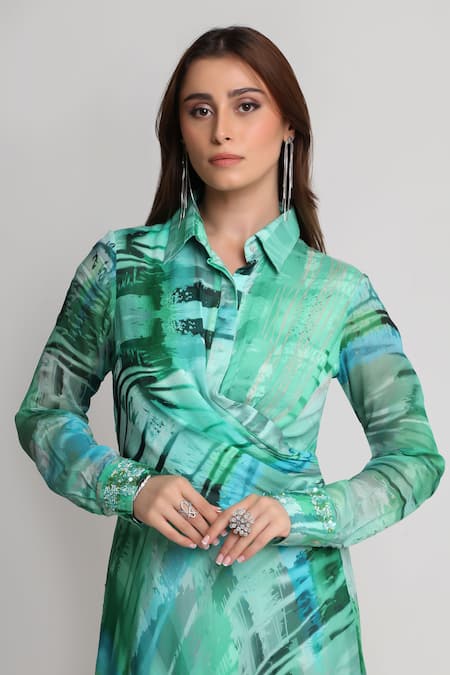 Shop_Koswi_Green Viscose Sequins, Beads, Embroidery Collared Geometric Print Shirt Dress _Online_at_Aza_Fashions