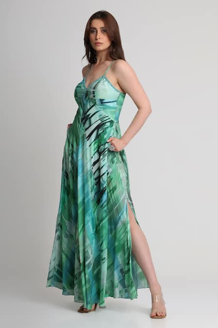 Koswi_Green Viscose Sequins, Beads V-neck Geometric Print Dress _Online_at_Aza_Fashions