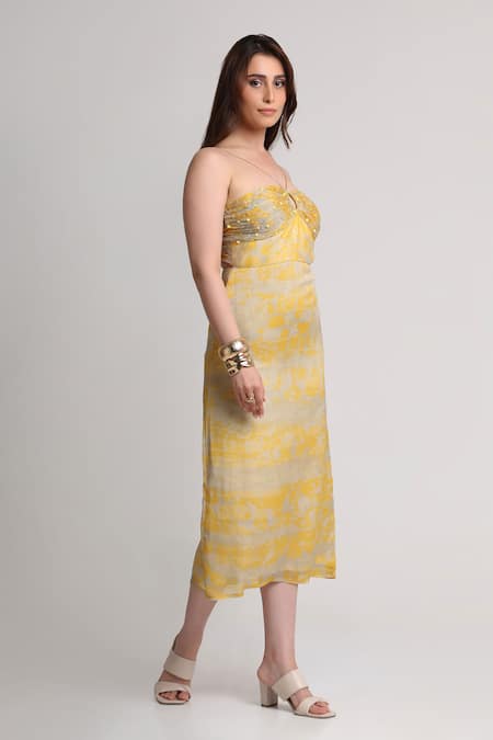 Buy_Koswi_Yellow Viscose Sequins, Beads Halter Neck Forest Print Dress _Online_at_Aza_Fashions