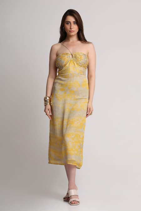 Koswi_Yellow Viscose Sequins, Beads Sweetheart Neck, Forest Print Dress With Belt _Online_at_Aza_Fashions