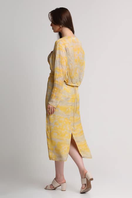 Shop_Koswi_Yellow Viscose Sequins, Beads Sweetheart Neck, Forest Print Dress With Belt _Online_at_Aza_Fashions