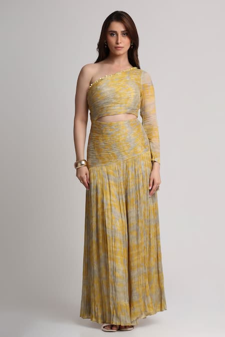 Koswi_Yellow Viscose Sequins, Beads One Shoulder Forest Print Dress _Online_at_Aza_Fashions