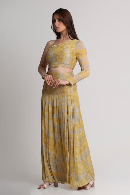 Buy_Koswi_Yellow Viscose Sequins, Beads One Shoulder Forest Print Dress _Online_at_Aza_Fashions