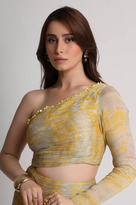 Shop_Koswi_Yellow Viscose Sequins, Beads One Shoulder Forest Print Dress _Online_at_Aza_Fashions