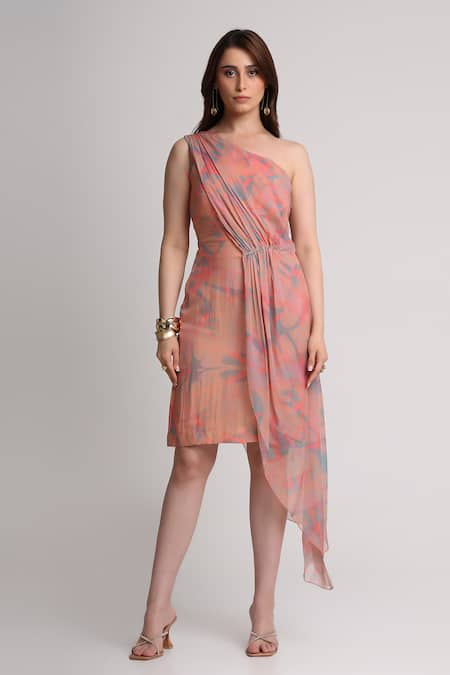 Koswi_Peach Viscose Sequins, Beads One Shoulder Floral Print Dress _Online_at_Aza_Fashions