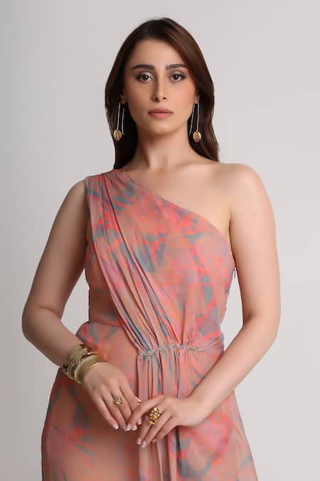 Shop_Koswi_Peach Viscose Sequins, Beads One Shoulder Floral Print Dress _Online_at_Aza_Fashions