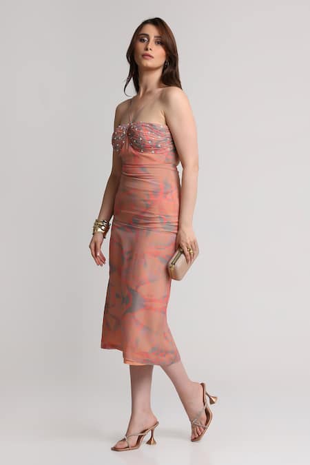 Buy_Koswi_Peach Viscose Sequins, Beads Sweetheart Neck, Embellished Yoke Dress With Shrug _Online_at_Aza_Fashions