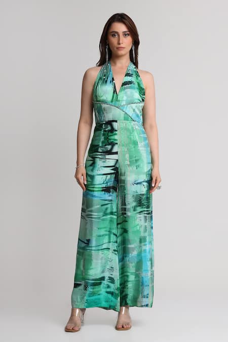 Buy_Koswi_Green Viscose Sequins, Beads Halter Neck Geometric Print Jumpsuit _Online_at_Aza_Fashions