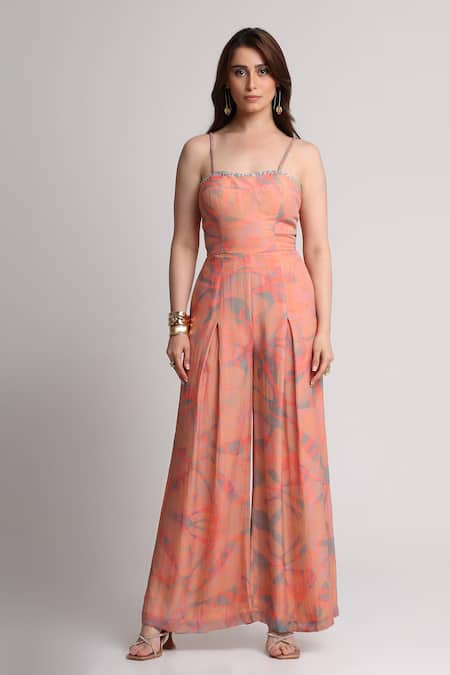 Koswi_Peach Viscose Sequins, Beads, Embroidery Square Neck Abstract Print Jumpsuit _Online_at_Aza_Fashions