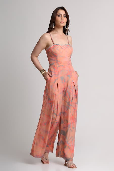 Shop_Koswi_Peach Viscose Sequins, Beads, Embroidery Square Neck Abstract Print Jumpsuit _Online_at_Aza_Fashions