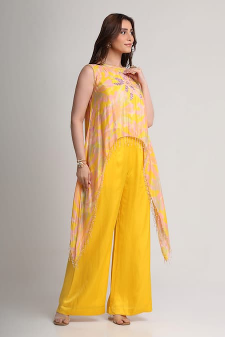 Shop_Koswi_Yellow Viscose Sequins, Beads, Embroidery Round Floral Print Tunic With Pant _Online_at_Aza_Fashions